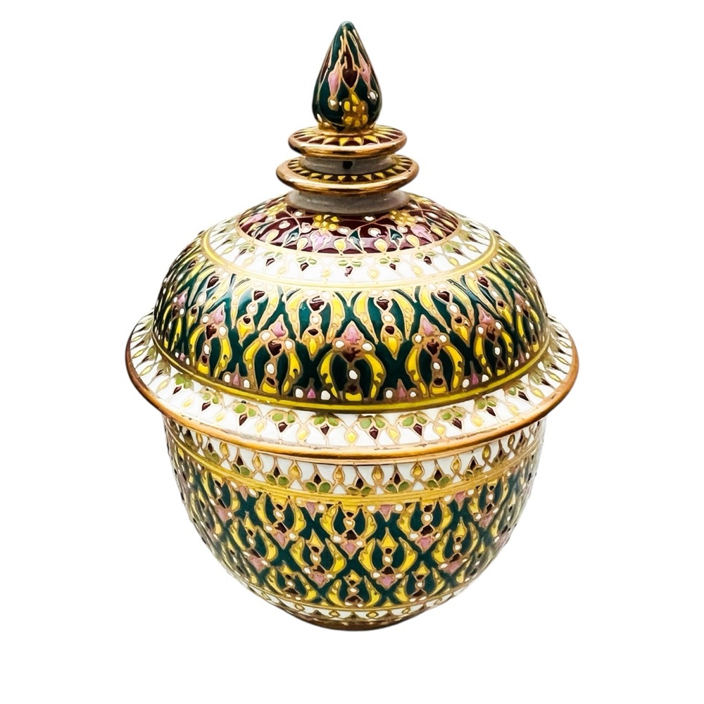 Vintage Thailand Hand-Painted Ceramic Jar with Lid